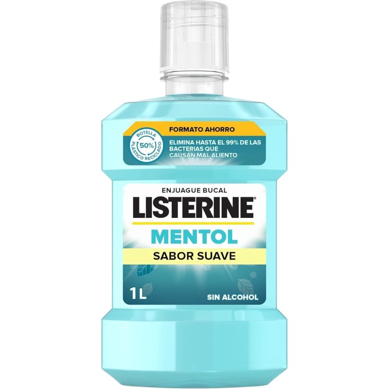 Listerine Mentol Sabor Suave (1 x 1 L), enjuague bucal con flúor 0% alcohol, col